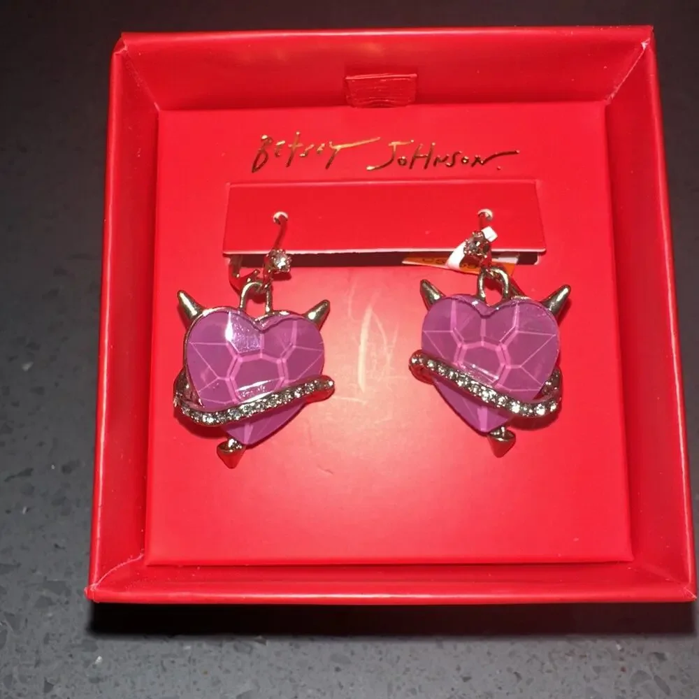 Betsey Johnson Women’s Gold Tone & Pink Devil Heart Drop Earrings Crystal